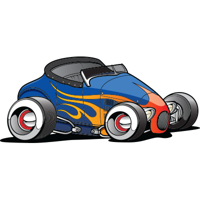 blue roadster with flames